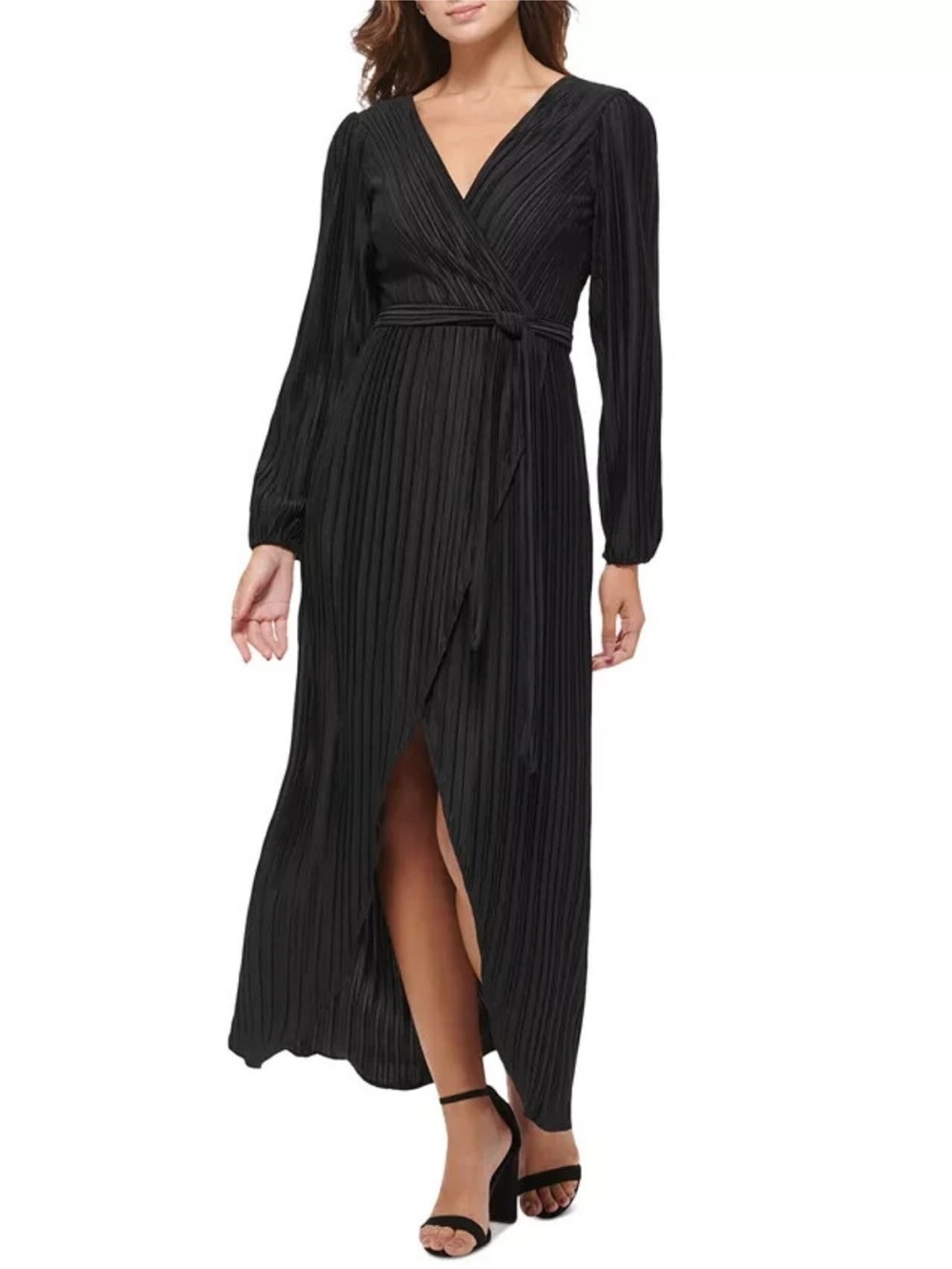 GUESS Women's Pleated Woven Faux-Wrap V-Neck Maxi Dress Black Size 14